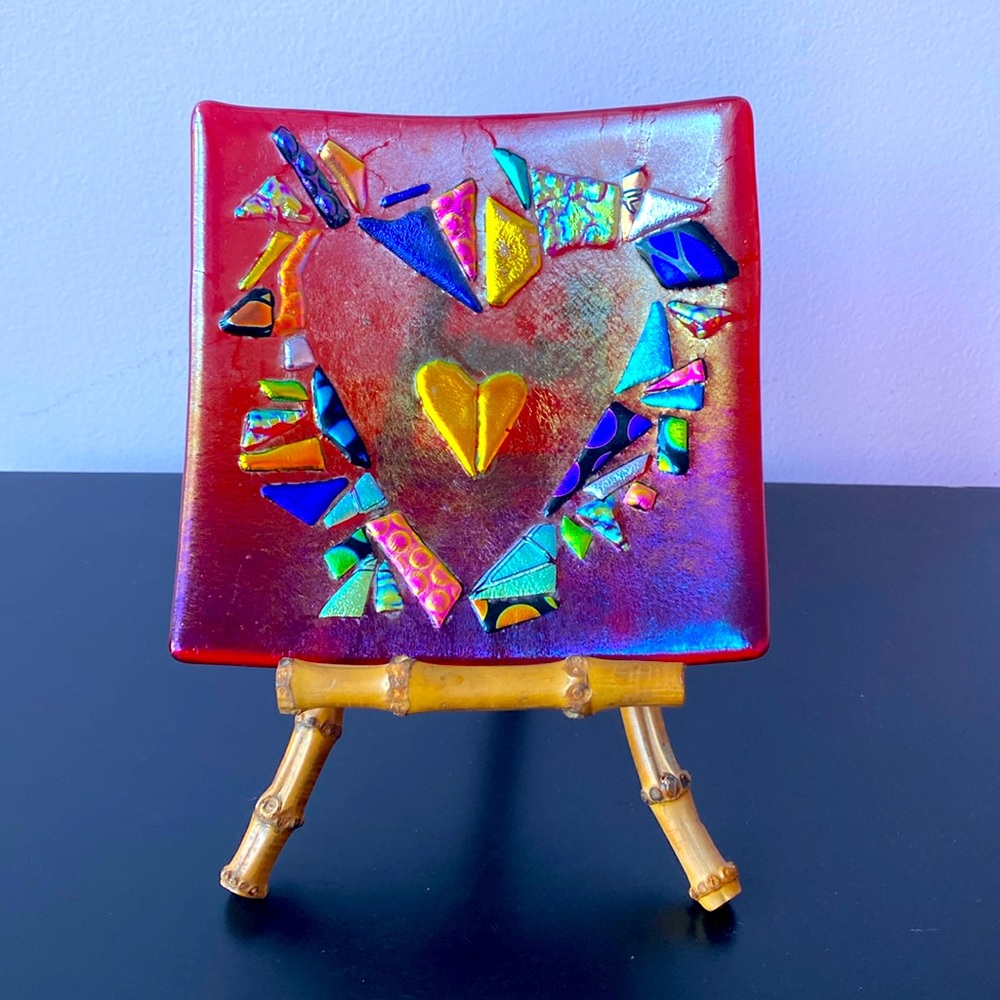 Signed Handcrafted Fused Glass Mosaic Heart Trinket Dish 6" x 6" Decorative Bowl